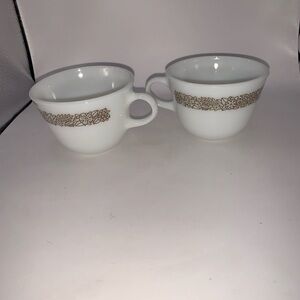 Pyrex 2 Vintage Corning/Corelle Woodland Brown Trim Coffee Cups Mugs